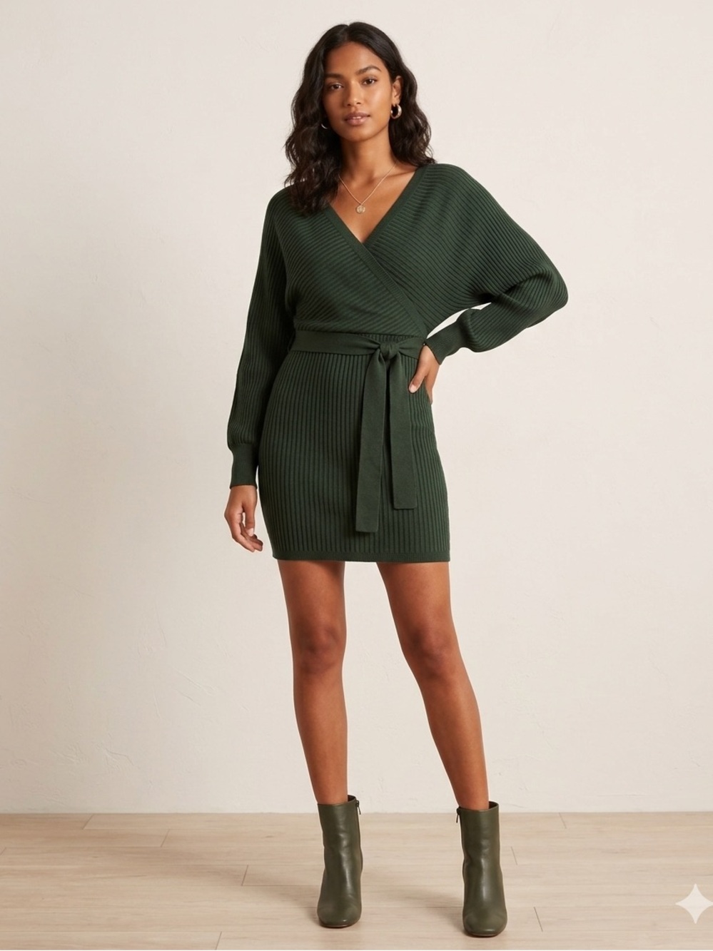 Love Tree Deep Green Ribbed V-Neck Belted Sweater Dress